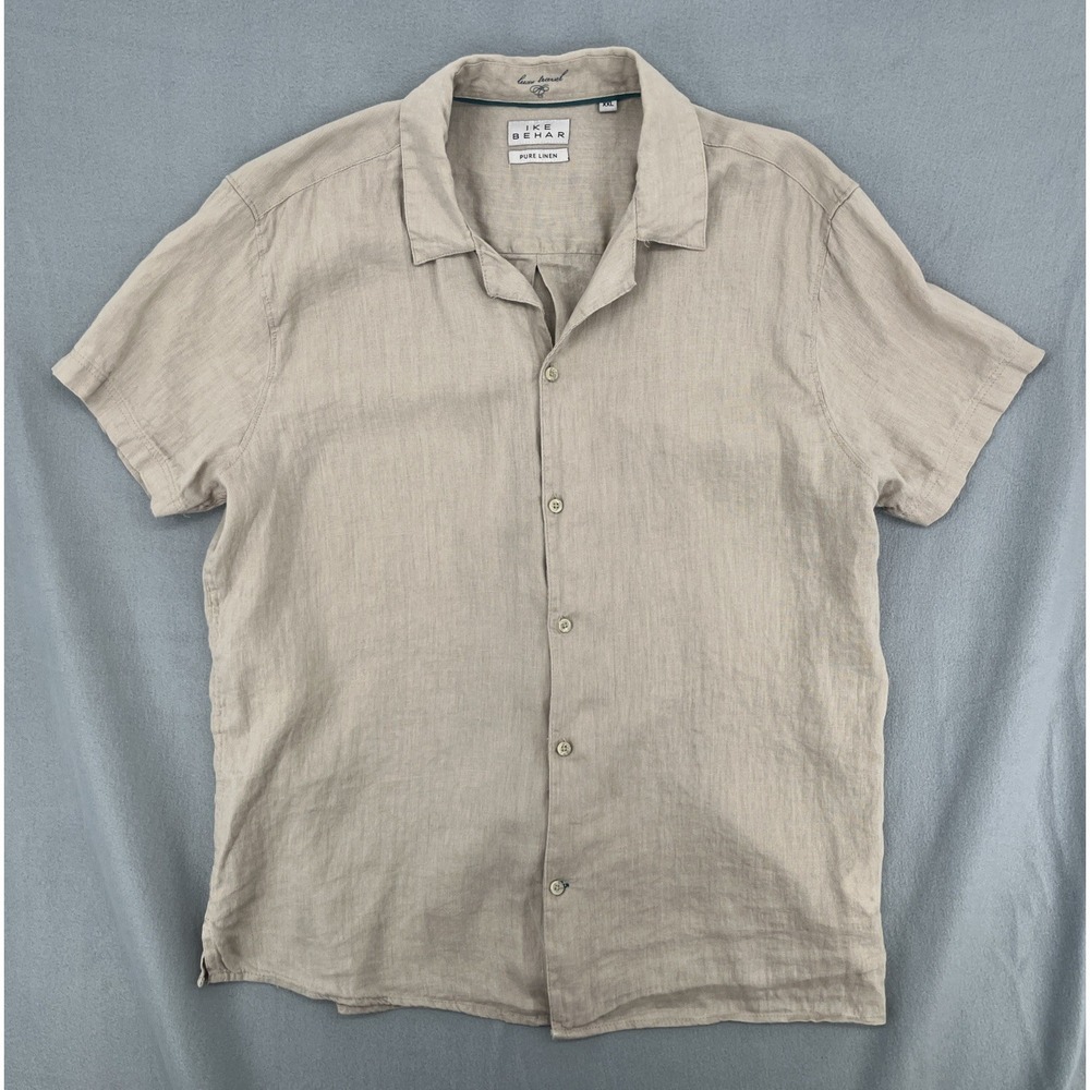 Ike Behar Mens Shirt Pure Linen Luxe Travel Short Sleeve Tan Quiet Luxury 2XL‎